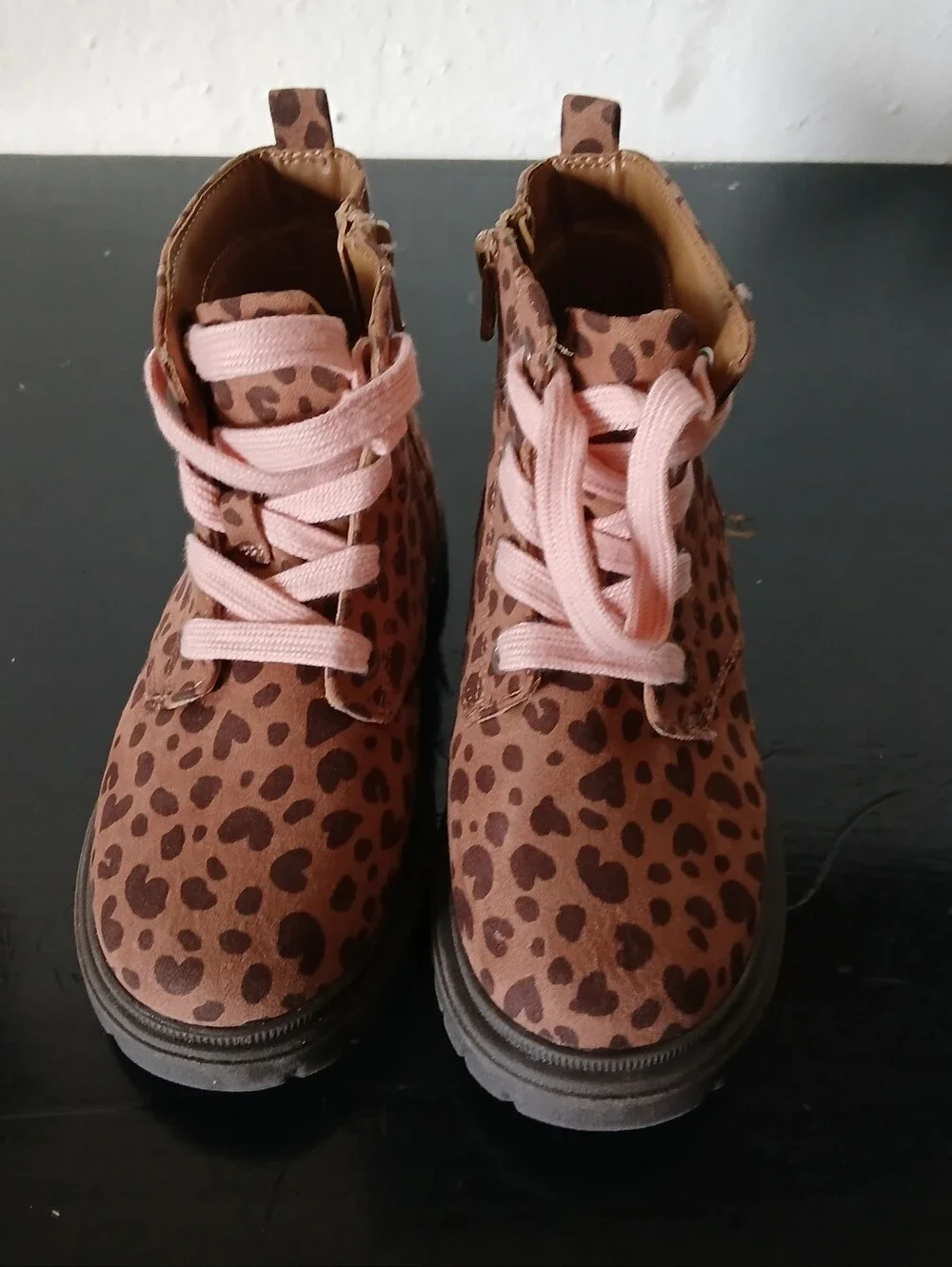 Cat & Jack Brown Leopard Print Ankle Boots with Pink Laces Size 12.
